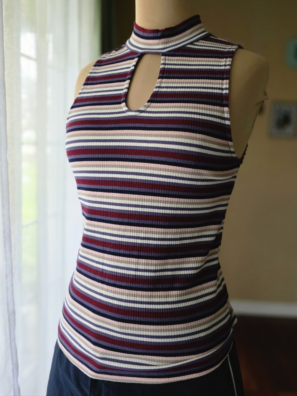 Vintage Aeropostale Keyhole Mock Neck Striped Ribbed Tank - Large Y2K